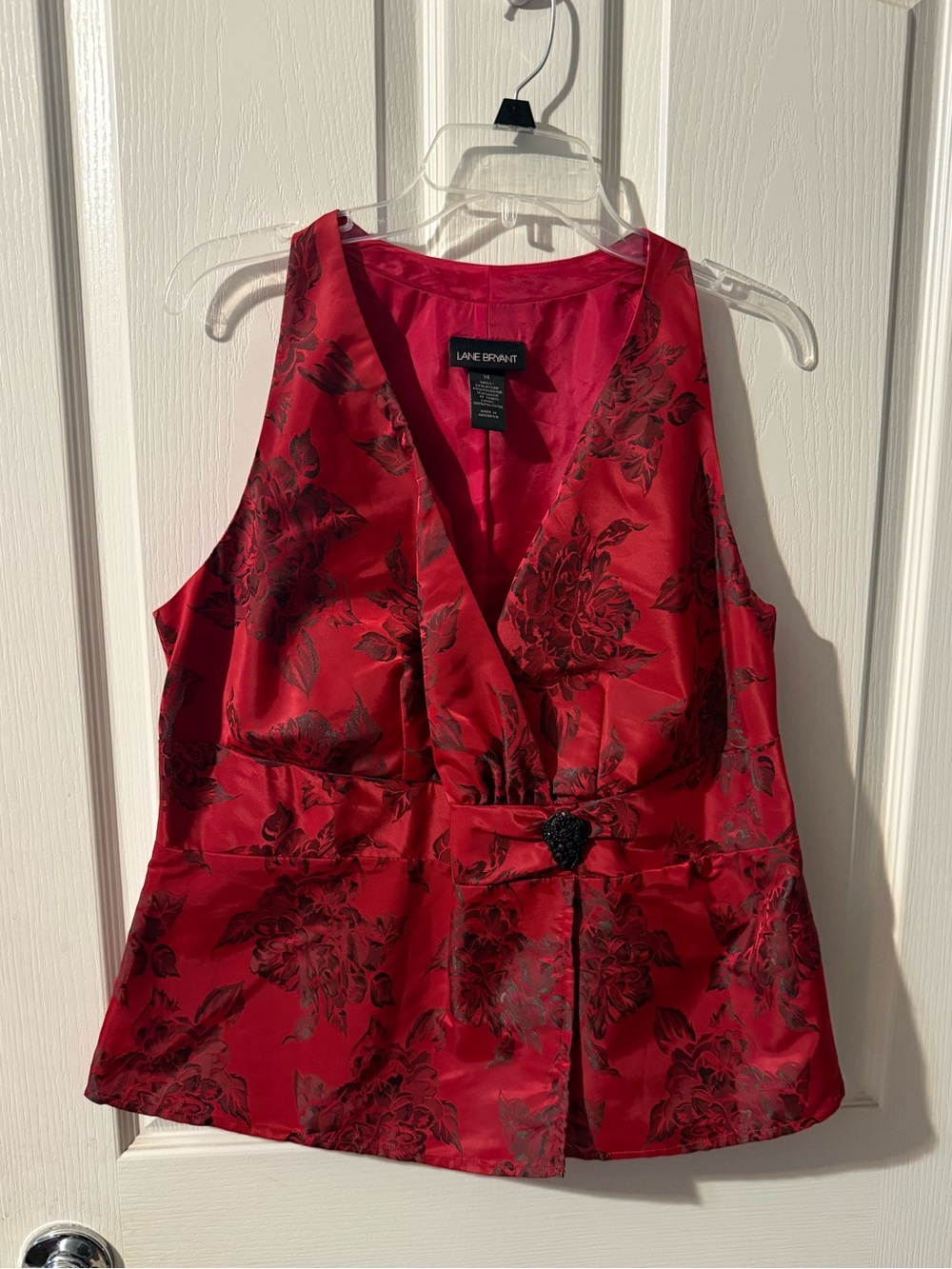 Lane Bryant Red Satin Floral V-Neck Shell